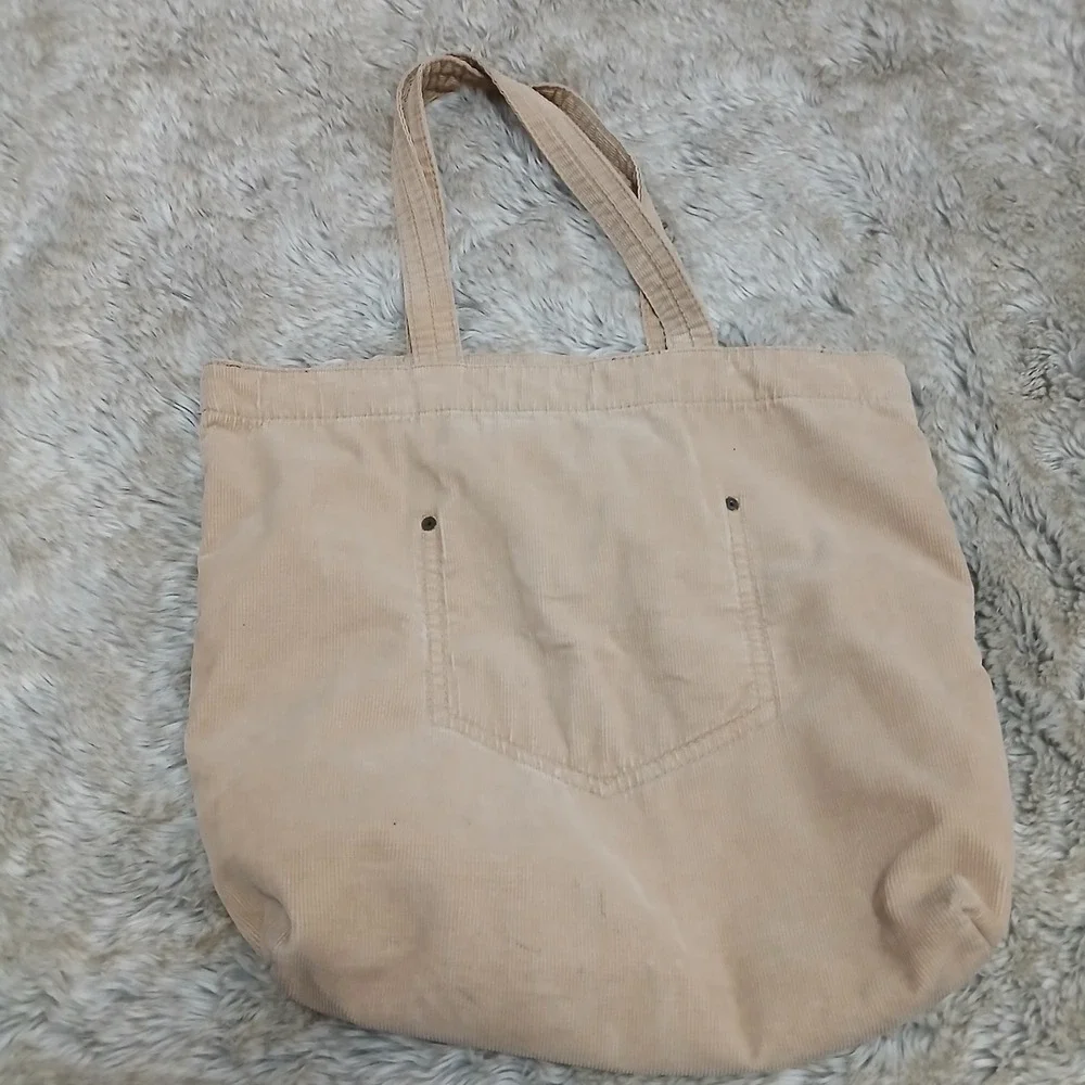 GAP Beige Corduroy Tote Bag Logo Print San Francisco 1969 Pocket Y2K Casual